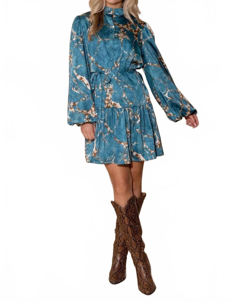 NEW ALDEN ADAIR adele long sleeve mini dress in riverstone